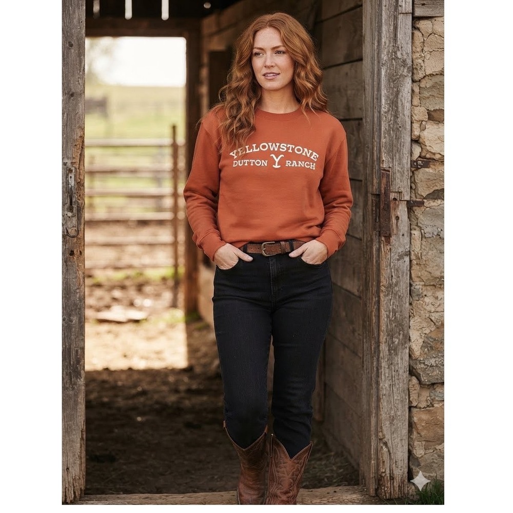 Yellowstone Dutton Ranch Graphic Sweatshirt Rust Orange‎ XS Crewneck Pullover